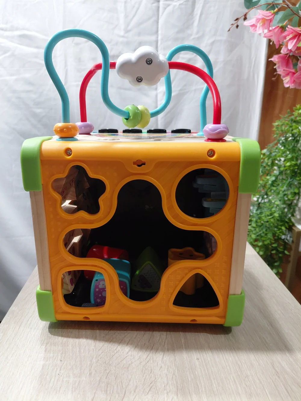 Wooden Activity Cube with Number Blocks - Green Accents